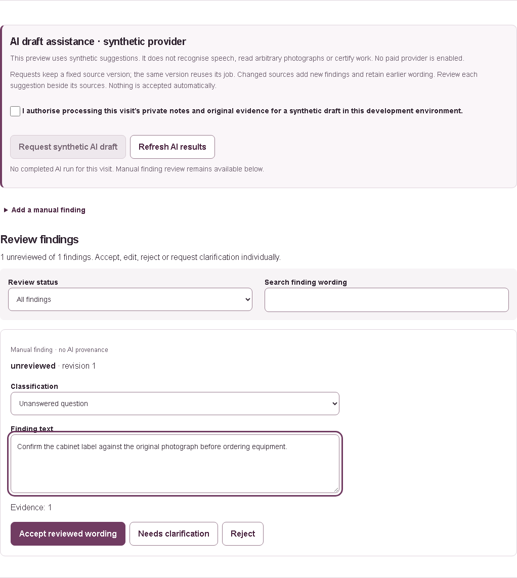 Actual Levano development workspace with synthetic draft assistance, an unanswered finding, source evidence and individual accept, clarify and reject controls